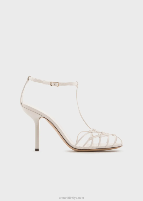 kadınlar Armani örgü dokuma topuklu napa deri t-sandaletler süt beyazı T8HD522