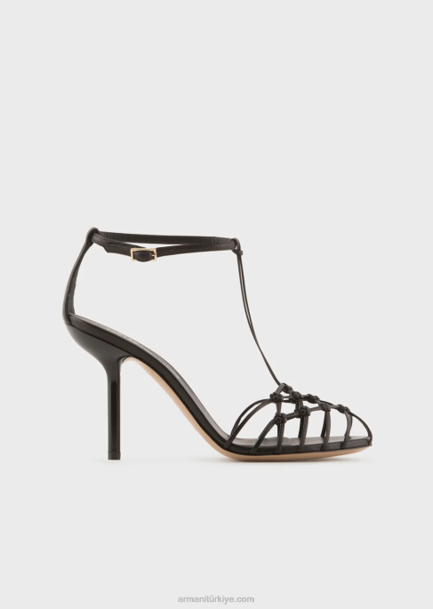 kadınlar Armani örgü dokuma topuklu napa deri t-sandaletler siyah T8HD523