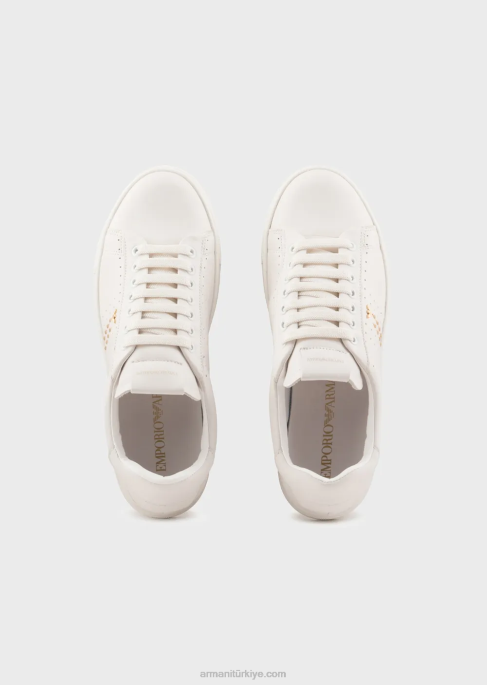 kadınlar Armani Zımbalı ve delikli motifli deri spor ayakkabı beyaz logo T8HD571