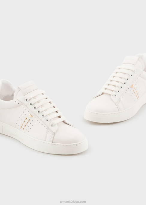 kadınlar Armani Zımbalı ve delikli motifli deri spor ayakkabı beyaz logo T8HD571