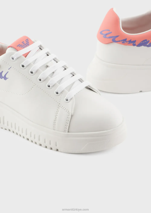 kadınlar Armani arka imza logolu napa deri spor ayakkabı beyaz logo T8HD555