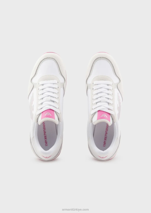 kadınlar Armani büyük boy kartallı süet ve naylon spor ayakkabı pembe T8HD564