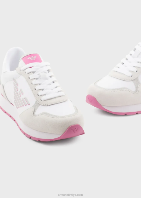 kadınlar Armani büyük boy kartallı süet ve naylon spor ayakkabı pembe T8HD564