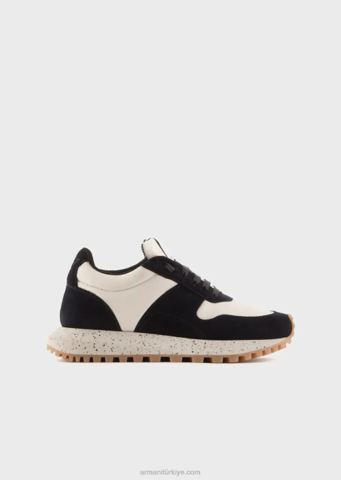 kadınlar Armani sürdürülebilir koleksiyon kabuk deri ve eko-naylon spor ayakkabı lacivert T8HD576