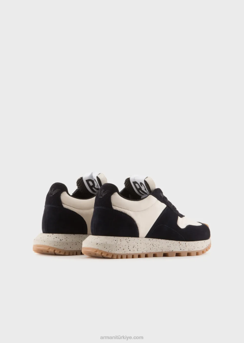 kadınlar Armani sürdürülebilir koleksiyon kabuk deri ve eko-naylon spor ayakkabı lacivert T8HD576