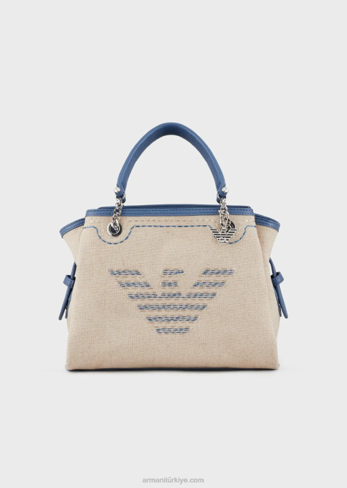 kadınlar Armani büyük boy işlemeli ve kartal tılsımlı keten çanta bej logosu T8HD732