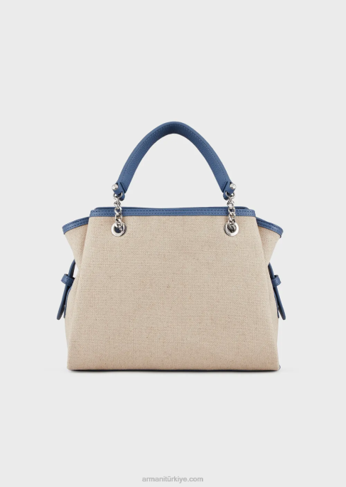 kadınlar Armani büyük boy işlemeli ve kartal tılsımlı keten çanta bej logosu T8HD732