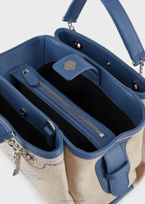 kadınlar Armani büyük boy işlemeli ve kartal tılsımlı keten çanta bej logosu T8HD732