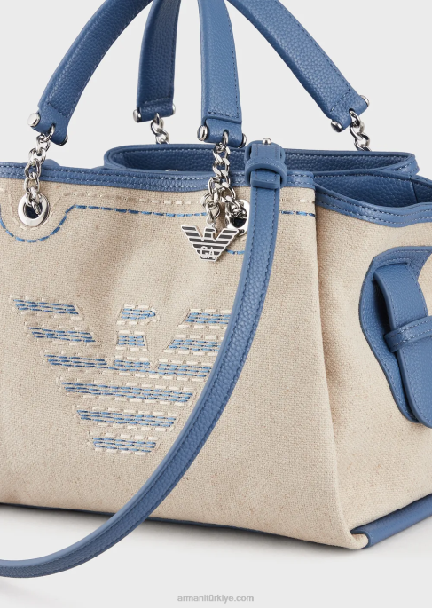 kadınlar Armani büyük boy işlemeli ve kartal tılsımlı keten çanta bej logosu T8HD732