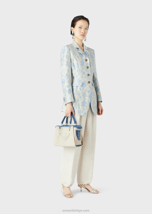 kadınlar Armani büyük boy işlemeli ve kartal tılsımlı keten çanta bej logosu T8HD732