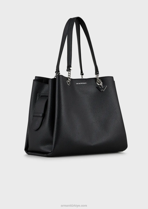 kadınlar Armani kartal tılsımlı palmellato deri efektli alışveriş çantası siyah T8HD730