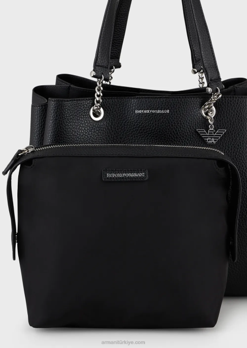 kadınlar Armani kartal tılsımlı palmellato deri efektli alışveriş çantası siyah T8HD730