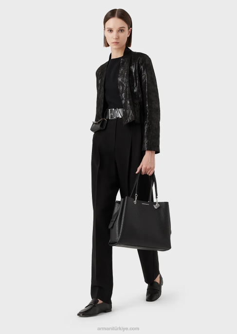 kadınlar Armani kartal tılsımlı palmellato deri efektli alışveriş çantası siyah T8HD730