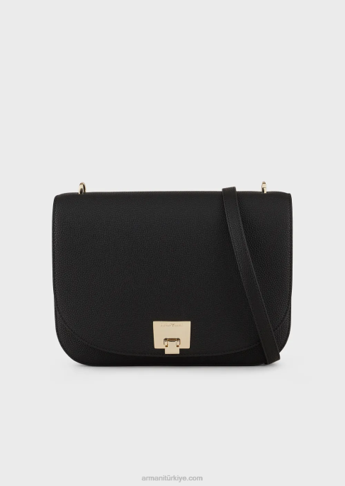kadınlar Armani geyik desenli kapaklı omuz çantası siyah T8HD615