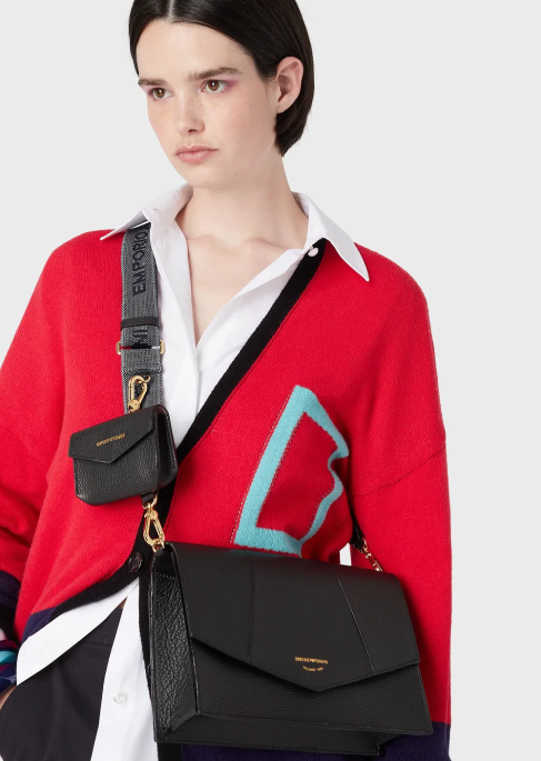 kadınlar Armani kartlıklı geyik derisi baskılı deri omuz çantası siyah T8HD610