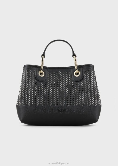 kadınlar Armani delikli şerit motifli küçük myea alışveriş çantası siyah T8HD708
