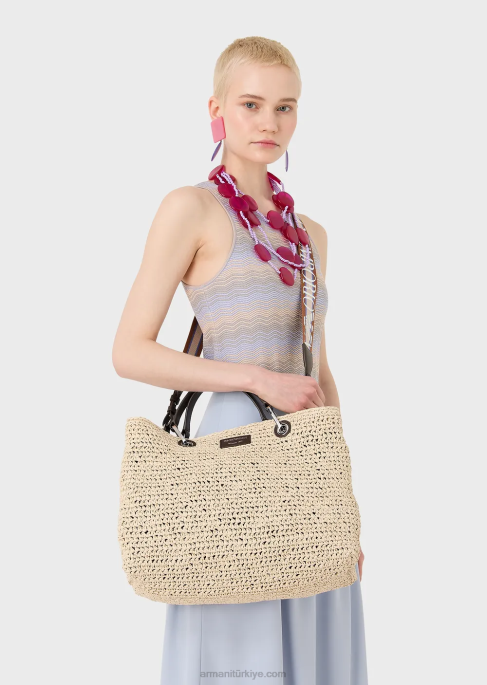 kadınlar Armani matelasse samanında orta boy myea alışveriş çantası bej T8HD721