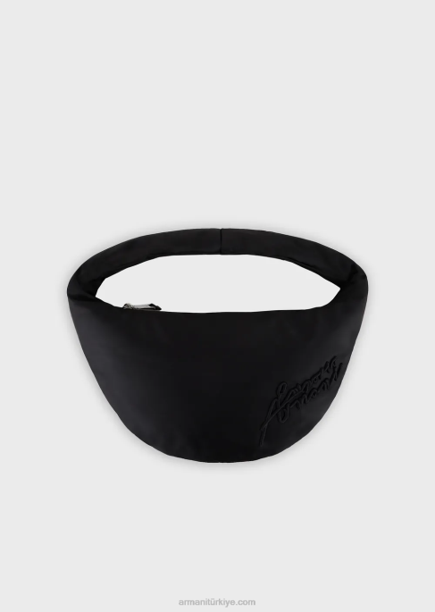 kadınlar Armani imza işlemeli iki tonlu naylon hobo çanta siyah T8HD745