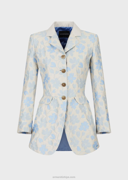 kadınlar Armani Boydan boya çiçekli jakarlı keten karışımlı klapalı uzun kloş ceketT8HD2742