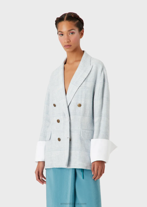 kadınlar Armani Galler prensi kareli keten ve kenevir karışımından büyük beden kruvaze blazer masmavi T8HD2740