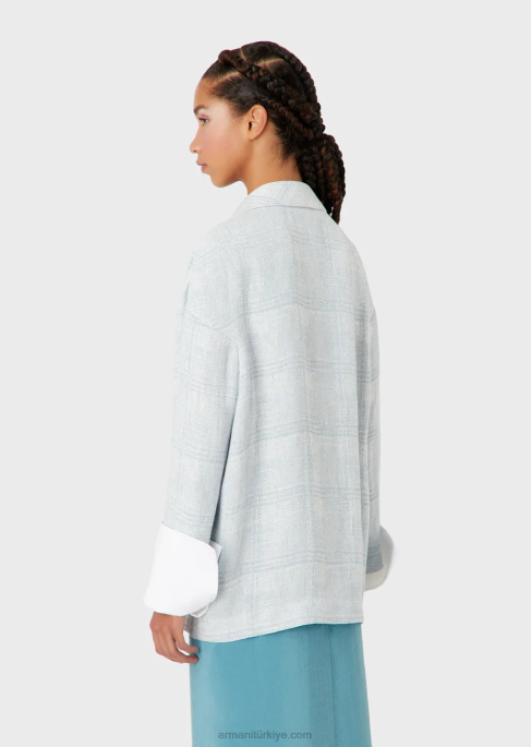 kadınlar Armani Galler prensi kareli keten ve kenevir karışımından büyük beden kruvaze blazer masmavi T8HD2740