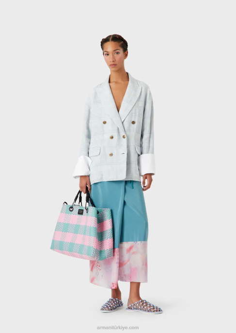 kadınlar Armani Galler prensi kareli keten ve kenevir karışımından büyük beden kruvaze blazer masmavi T8HD2740