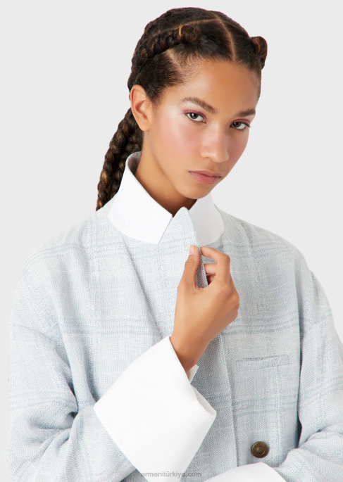 kadınlar Armani Galler prensi kareli keten ve kenevir karışımından büyük beden kruvaze blazer masmavi T8HD2740