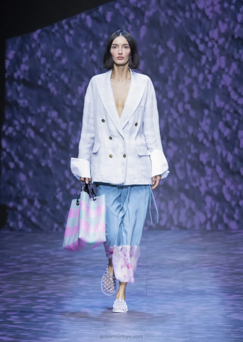 kadınlar Armani Galler prensi kareli keten ve kenevir karışımından büyük beden kruvaze blazer masmavi T8HD2740