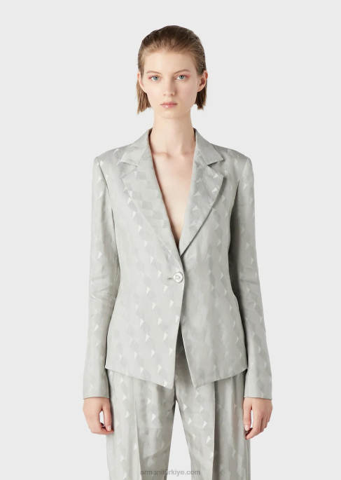 kadınlar Armani Geometrik desenli akıcı cupro ve keten karışımlı jakardan tek sıra düğmeli ceket gri T8HD62