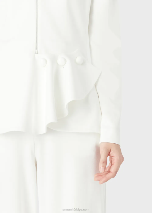 kadınlar Armani Milano dikişli kumaştan fırfır detaylı fermuarlı ceket beyaz T8HD38