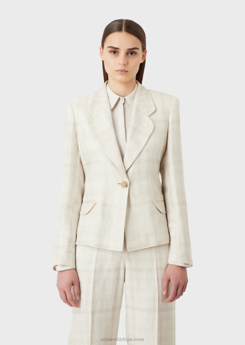 kadınlar Armani Prince of Wales kareli keten karışımlı yaka ceket ekose T8HD29