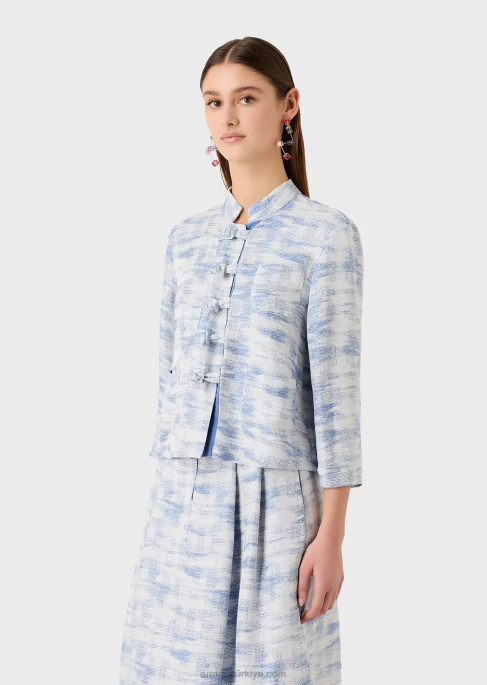 kadınlar Armani degrade jakarlı keten karışımından guru yakalı ve geçişli ceketT8HD47