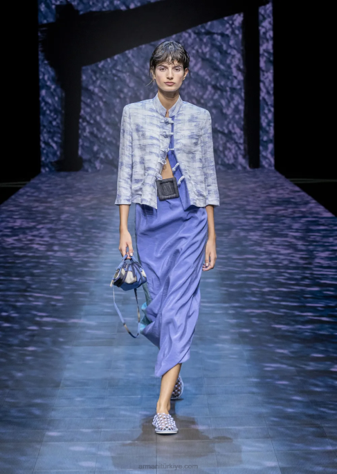 kadınlar Armani degrade jakarlı keten karışımından guru yakalı ve geçişli ceketT8HD47