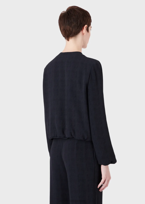 kadınlar Armani kareli jakarlı kumaştan fermuarlı bisiklet yaka ceket lacivert T8HD58