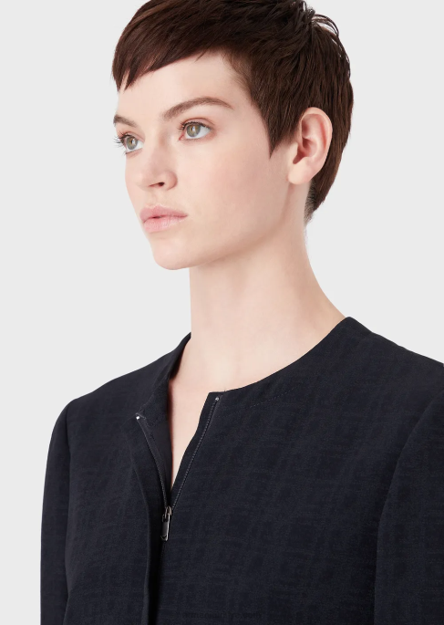 kadınlar Armani kareli jakarlı kumaştan fermuarlı bisiklet yaka ceket lacivert T8HD58