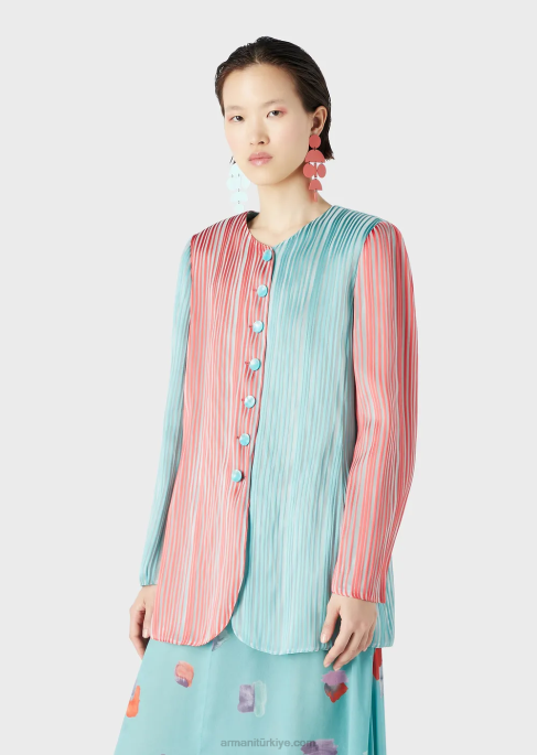 kadınlar Armani çok çizgili organza lale etekli uzun ceketT8HD2743