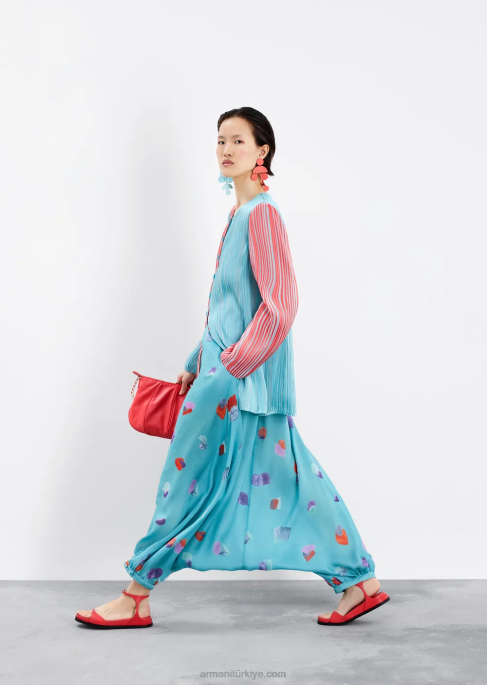 kadınlar Armani çok çizgili organza lale etekli uzun ceketT8HD2743