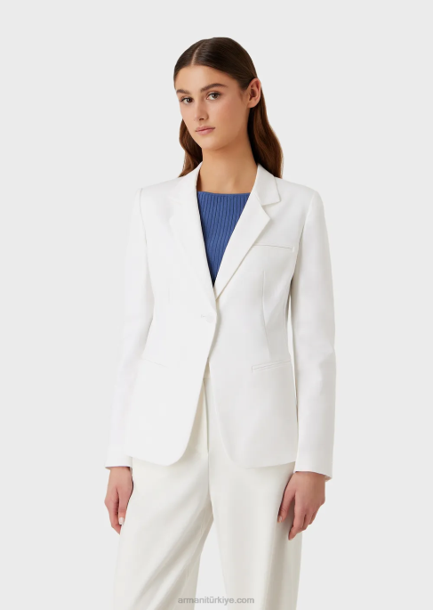 kadınlar Armani streç couture pamuklu tek sıra düğmeli ceket beyaz T8HD31