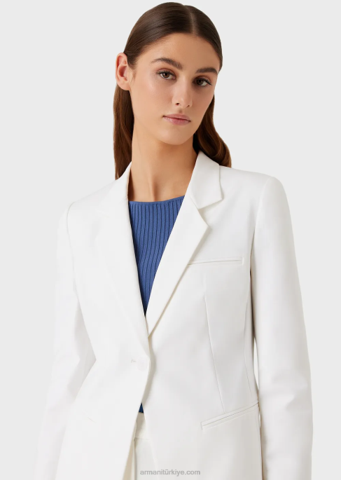 kadınlar Armani streç couture pamuklu tek sıra düğmeli ceket beyaz T8HD31