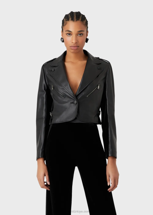 kadınlar Armani Kadife parçalı napa kuzu derisi ceket siyah T8HD229