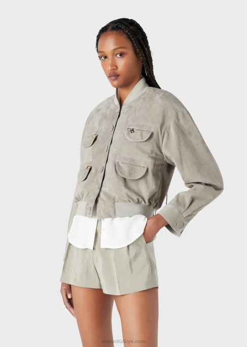 kadınlar Armani keçi derisi süet çok cepli ceket güvercin grisi T8HD234