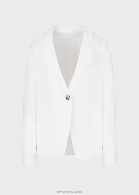 kadınlar Armani şantung efektli keten karışımından gözetleme deliği ve kendinden bağlamalı tek sıra düğmeli ceket beyaz T8HD417