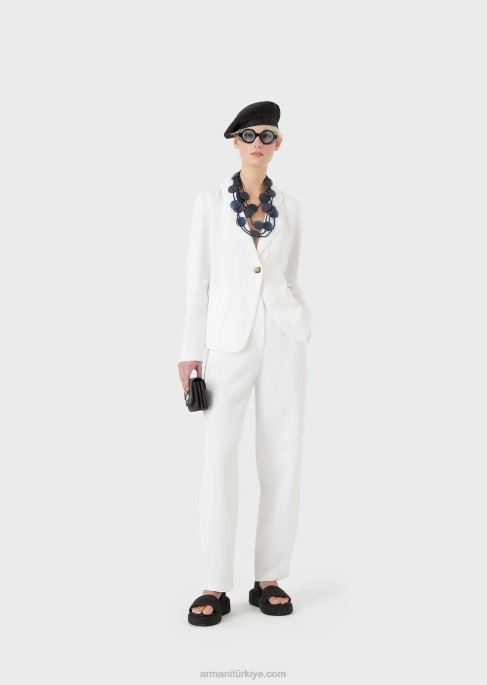 kadınlar Armani şantung efektli keten karışımından gözetleme deliği ve kendinden bağlamalı tek sıra düğmeli ceket beyaz T8HD417