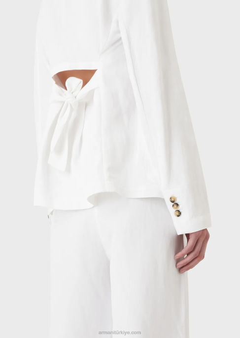 kadınlar Armani şantung efektli keten karışımından gözetleme deliği ve kendinden bağlamalı tek sıra düğmeli ceket beyaz T8HD417