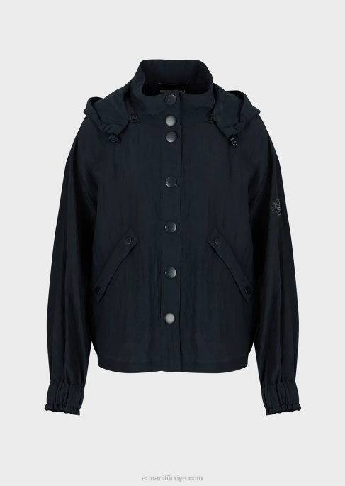 kadınlar Armani kapüşonlu, büzgü ipli teknik cupro mont lacivert T8HD236