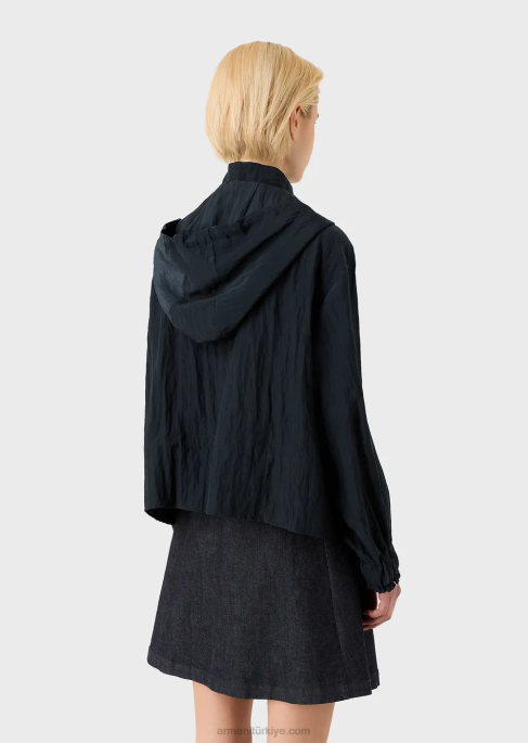 kadınlar Armani kapüşonlu, büzgü ipli teknik cupro mont lacivert T8HD236