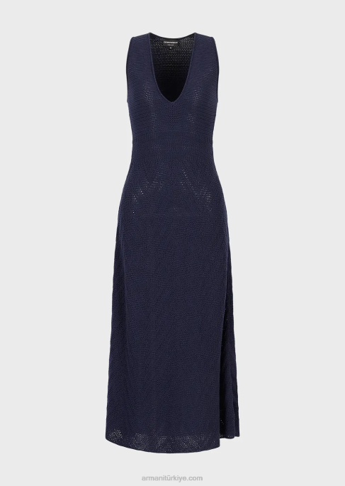 kadınlar Armani Chevron motifli örgü uzun elbise lacivert T8HD111