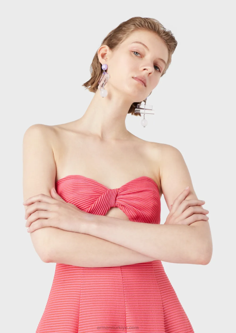 kadınlar Armani Kalp yakalı, nervürlü barre kumaştan uzun elbise pembe T8HD126