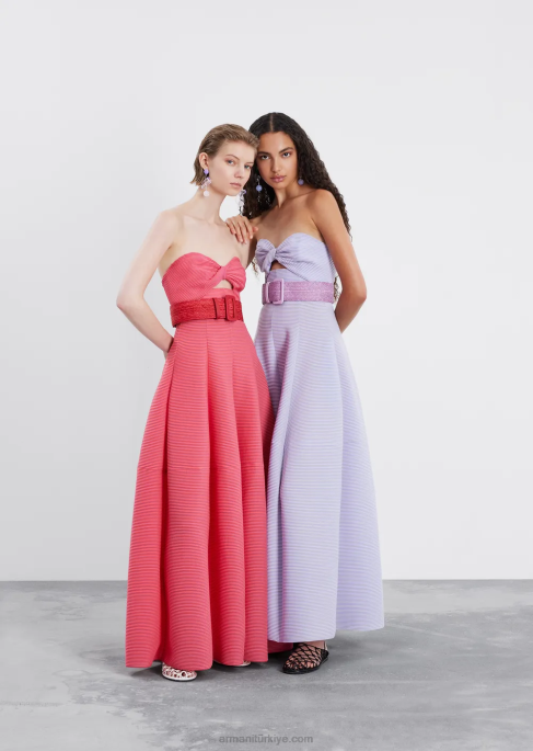 kadınlar Armani Kalp yakalı, nervürlü barre kumaştan uzun elbise pembe T8HD126