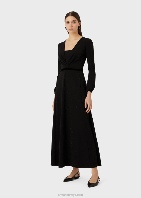 kadınlar Armani Lurex kumaştan pilili detaylı v yakalı midi elbise siyah T8HD116